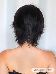 10-Inch Short Mullet Head Wigs With Bangs Synthetic Straight Women Black Short Hair Wig For Daily Party Cosplay - 黑色 - 查看 5