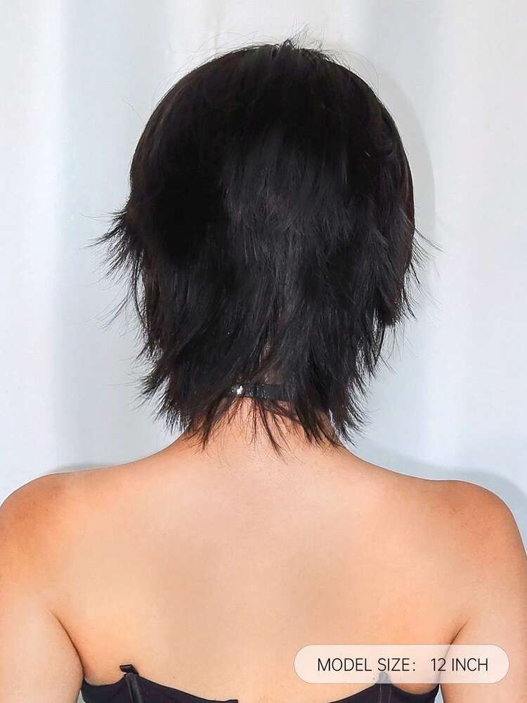 Peluca sintética de cabello negro corto con flequillo, estilo mullet de 10 pulgadas de largo para uso diario, fiestas y cosplay - Negro - Ver 5