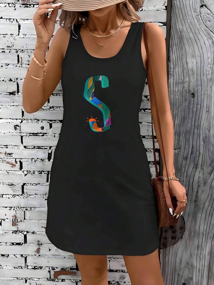 Colorful Patchwork Letter S Pattern Dress - Black - View 1