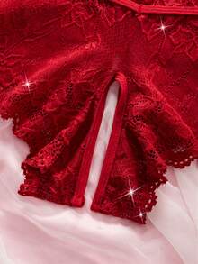 情人节惊喜礼物：性感蕾丝花卉内衣套装 - 薄纱蝴蝶结文胸搭配开裆内裤 - 酒紅色 - 查看 5