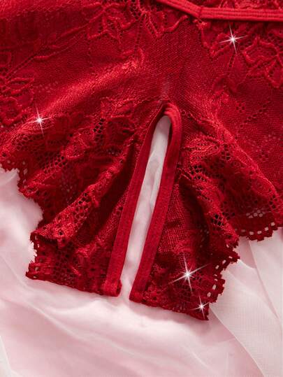 Seductive Bloemen Kanten Verleidelijke Lingerie Doorschijnende BH Bow Open Crotch Panties Underwear Set view 4