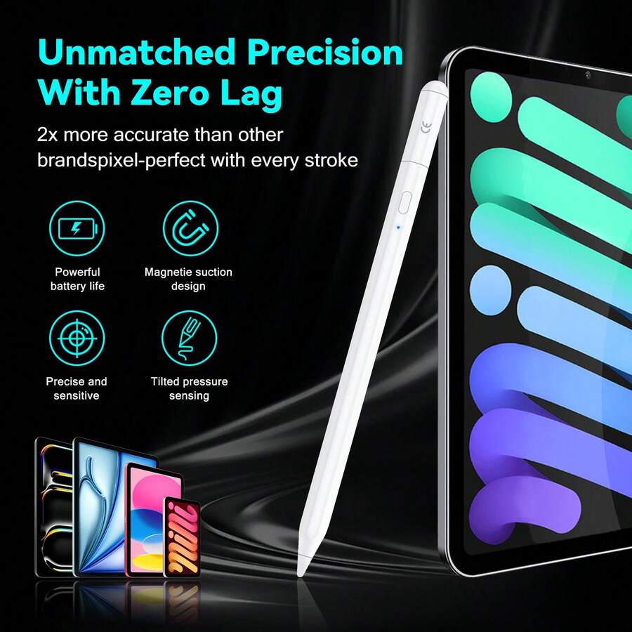 قلم تعمل باللمس متوافق مع آيباد 2018-2025، شحن سريع، مقاوم للمس الخاطئ، تصميم حساس للميل والضغط، بدون تأخير، قلم رسم احترافي متوافق مع آيباد A16/11-الجيل السادس، الهواء 11"/13" M3/M2/الجيل الخامس-الثالث، برو 13"/27.9 سم M4/12.9"، ميني 5/6/7