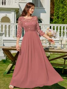 MIUSOL Women's Elegant Sequin Floral Lace Contrast Chiffon Pleated Hem Maxi Dress, Ruched High Waist A-Line Silhouette, Perfect For Formal Party, Wedding Guest, Evening , Anniversary - Bụi hồng - Xem 5