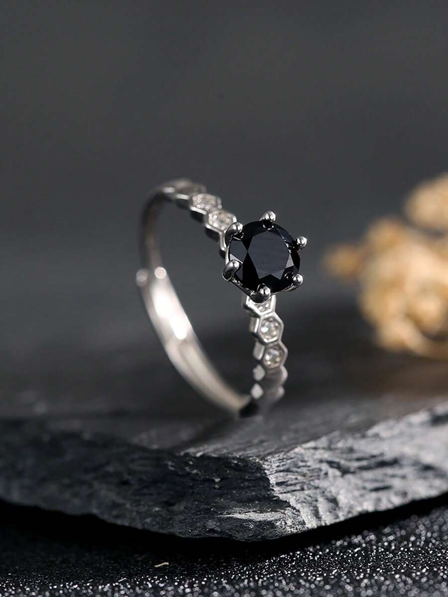 Adjustable 925 Silver Ring 6.5mm Round Black Spinel With Twisted Shank & CZ Accents Mysterious Elegant Jewelry Boho Gift