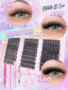 300 Stücke Büschel Wimpernset, 30D 40D 50D DIY Künstliche Wimpern, inklusive Wimpernkleber und Verlängerungswerkzeuge, geeignet für Anfänger, perfekt für Weihnachten und Musikfestivals