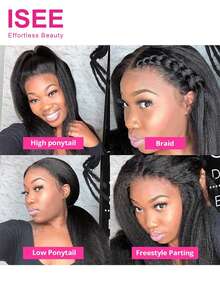 ISEE Invisi Draw-Strings Kinky Straight 360 Glueless Wig Pre-Cut Lace InvisiFit Strap Wear Go Wig Human Hair Pre Plucked Pre Bleached 180% Density 360 Full Lace Front Wigs 14-28 Inch