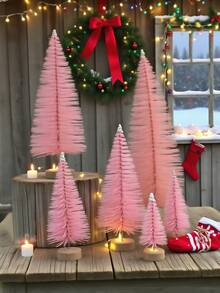 1棵/6棵圣诞粉色迷你松树，人造树，带木质底座，节日桌面装饰，理想的圣诞节中心摆件，非常适合节日家居装饰和派对装饰，圣诞节送礼佳品，圣诞装饰，房间装饰，冬季圣诞装饰，家居圣诞礼物，圣诞装饰 - 彩色 - 查看 4