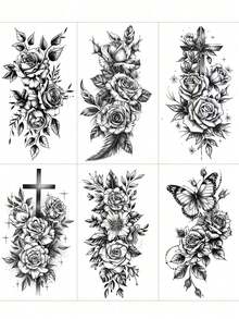 6 Blatt Blumen Tattoos Temporär Realistisch Wasserfest Schwarze Rose Tattoo Kreuz Schmetterling Tattoos Aufkleber für Partys, Abschlussbälle, Musikfestivals, Halloween, Styling Accessoires, Frauen Alltags Make-up