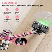 55kPa Aspiradora de mano liviana para mascotas, aspiradora inalámbrica de alta potencia de succión 10 en 1, alcance de 45 minutos, 3 modos de succión, con manguera extra larga mejorada y cepillo de piso  con luz LED verde, adecuada para hogares de mascotas, pisos duros, mantas, limpieza de pelo de mascotas - Rosa - Ver 7