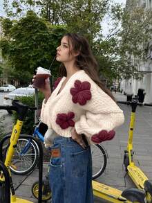 女士优雅花卉刺绣开衫，休闲外套，适合约会、假日、度假，春、夏、秋、冬四季皆宜。 - 白紅色 - 查看 5