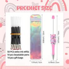 70 Pcs Petal Glitter Beadable Ballpoint Pens Set - Retractable Diamond Bead Pens, Includes 50 Refills & 10 Pen Bags, Plastic Bling Shaft Beaded Pens With Black Ink For DIY Party Office Use - Tối tăm - Xem 2