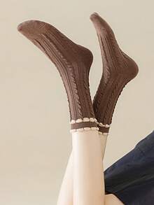 1/5 Pairs Women's Marl Color Cable Knit Double Layer Ruffle Hem Retro Style Mid-Calf Socks