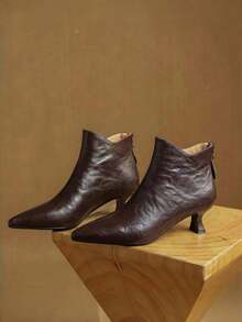 2025新款西部风侧拉链假日尖头猫跟踝靴，女士款，细跟，棕色，秋季，冬季，及膝，法式风格，优雅猫跟 - 棕色 - 查看 2