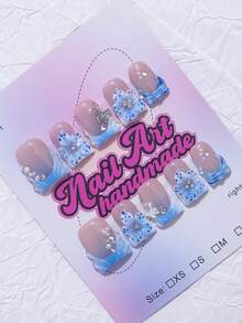 10 piezas Conjunto de uñas postizas con diseño de pico de pato estilo Y2K - Artesanales, uñas azules, estilo francés azul y blanco, flores 3D hechas a mano con centro amarillo, flor azul 3D, flor azul dibujada a mano y estilo francés degradado azul y blanco, diseño de gota de agua 3D dibujado a mano, suministros para uñas