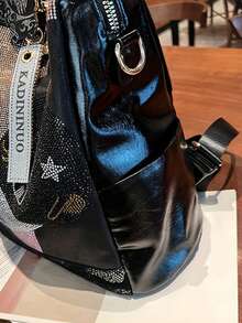 男女通用黑色水晶双肩包，复古图案设计，字母吊坠，奢华大容量双肩包，舒适肩带，可装笔记本电脑，支持手提、双肩背、单肩背、斜挎，适合女士手提包、男士双肩包、情侣双肩包、学生双肩包 - 黑色 - 查看 9