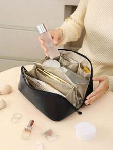 1pc PU Leather Travel Makeup Bag, Double Layer Large Capacity Cosmetic Storage Organizer, Minimalist Handheld Storage Pouch For Makeup Tools, Skincare, Suitable For Daily Use, Vacation, Back To School - Brown - View 4