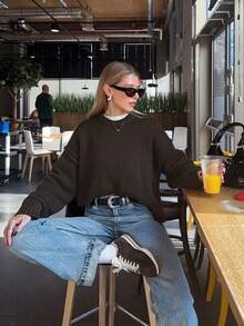 Korean Style Casual Loose Solid Color Round Neck Long Sleeve Versatile Daily Knit Sweater - Chocolate Brown - View 4