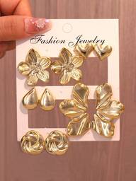 1/5 pares de pendientes de botón con flores de 5 pétalos, hojas, lágrimas, círculos y corazones de estilo elegante en color dorado, adecuados para uso diario de mujeres, mejor regalo para amigos y familiares (material de plástico ABS ligero)