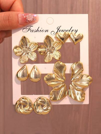 1/5 Paia di orecchini a perno alla moda in oro con fiore a 5 petali, foglia, goccia, cerchio, cuore, realizzati in materiale CCB leggero, adatti per l'uso quotidiano delle donne, ottimo regalo per amici e familiari