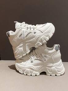 White Platform Casual Sneakers For Women, Comfortable Wedge Heel Shoes - Grey - View 4
