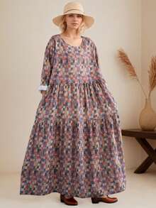 AZAH Bluzki, Jesienna sukienka damska, Kraciasta sukienka jesienna, Sukienka na powrót do szkoły, Jesienna, Nowa, Retro, jesienna sukienka z okrągłym dekoltem i długimi rękawami (2025), Plisowana spódnica, Jesienna odzież damska, Czeska, swobodna sukienka plażowa na wakacje, Jedna sukienka, Losowy nadruk