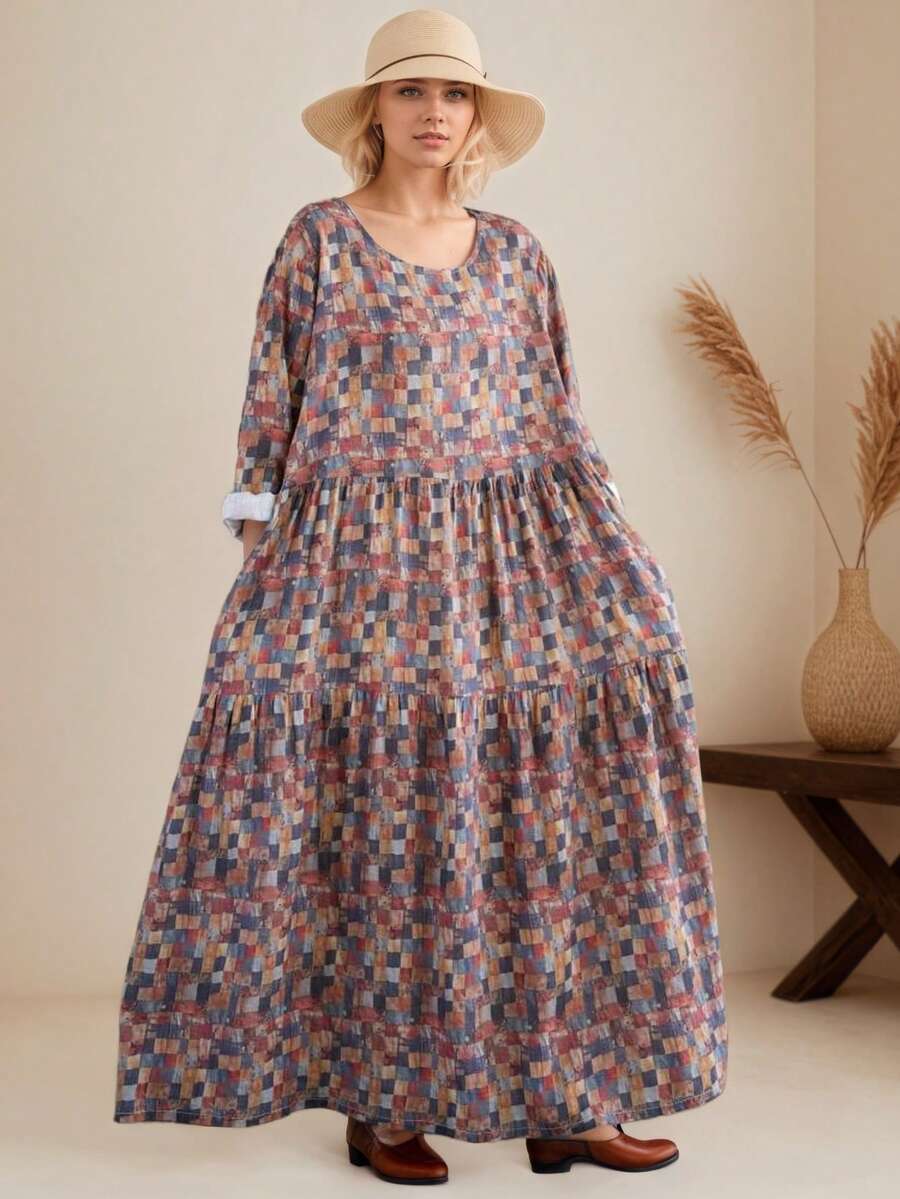 AZAH Bluzki, Jesienna sukienka damska, Kraciasta sukienka jesienna, Sukienka na powrót do szkoły, Jesienna, Nowa, Retro, jesienna sukienka z okrągłym dekoltem i długimi rękawami (2025), Plisowana spódnica, Jesienna odzież damska, Czeska, swobodna sukienka plażowa na wakacje, Jedna sukienka, Losowy nadruk