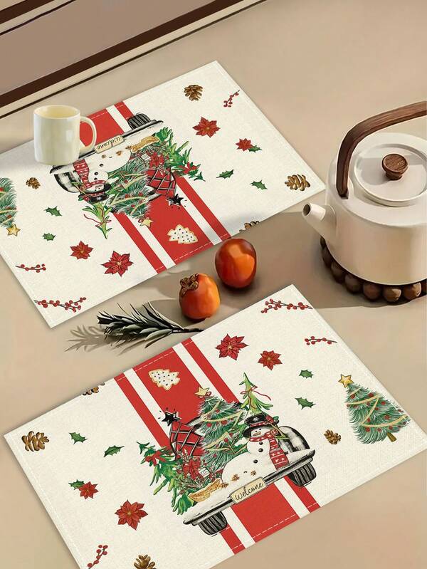 Juego de 1/2/4/6/8 piezas de manteles individuales con rayas rojas, diseños de muñeco de nieve y árbol de Navidad, tamaño 12 x 18 pies, manteles rectangulares aislados de lino, adecuados para decoración del hogar, decoración de fiestas, reuniones festivas, decoración navideña, cocina, restaurante, decoración de mesa de comedor del hogar