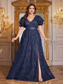 XUIBOL Váy cưới cho mẹ cô dâu tay ngắn sang trọng, tinh tế, đính sequin lấp lánh chất lượng cao, vừa vặn, cổ chữ V, cỡ lớn, dự tiệc tối, tiệc cocktail, kỷ niệm ngày cưới, tiệc gia đình, tiệc trang trọng, tiệc chia tay độc thân (được tô điểm nhiều) - Màu xanh hải quân - Xem 3