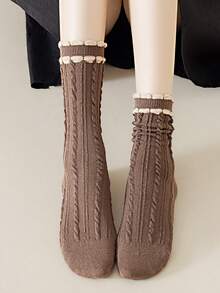 1/5 Pairs Women's Marl Color Cable Knit Double Layer Ruffle Hem Retro Style Mid-Calf Socks