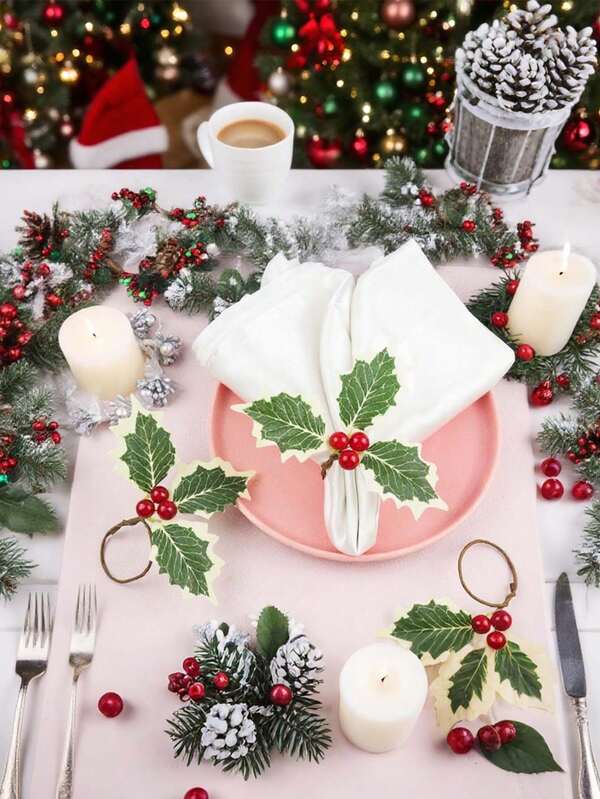 5pcs/10pcs Christmas Holly Leaf Napkin Ring Garland , Artificial Greenery & Red Berries, Winter Fake Greenery Plant Vine Garland Napkin Buckle Xmas Ornaments, For Xmas Table Centerpieces, Xmas Home Decor Living Room & Wedding Banquet, Birthday, Party, Eve, Christmas, New Year, Home Decorations, Holiday Celebration Scene Decoration Supplies, Holiday Must-Have Gifts, Best Friend Gifts Christmas Decorations Room Decor