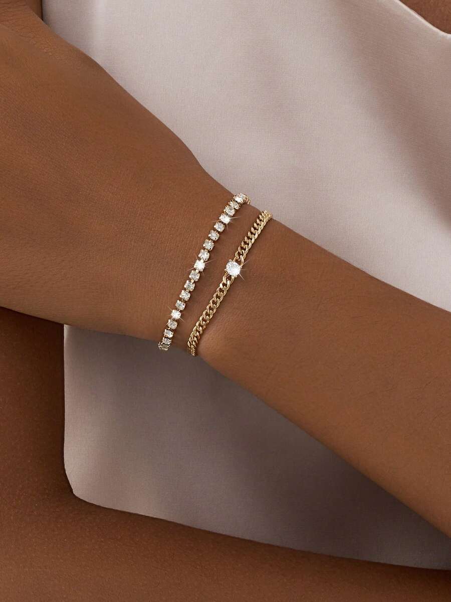 Nooxian 2pcs/Set Bracelet Stacks, Shiny Diamond Element Fashion Gold Color Micro-Inlaid Cubic Zirconia Chain Bracelets For Women, Party Style - Golden - View 1
