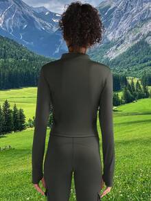 Women's Solid Color Outdoor Jacket With Fake Pockets, Full Zip, Thumb Hole, Fitness Jacket - Grey - View 3