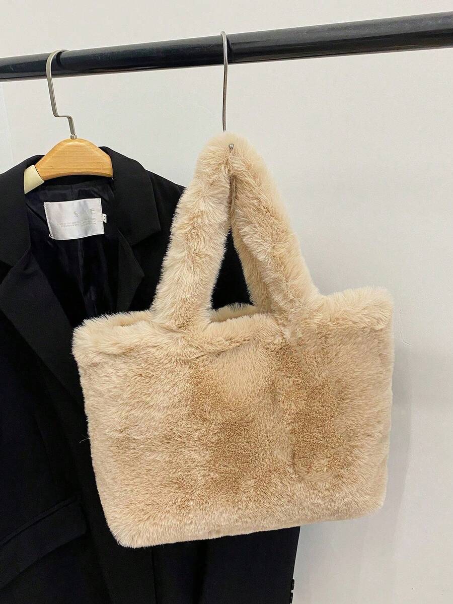 New Fluffy Handbag, Fashion Large Capacity Versatile Shoulder Tote Bag, Soft & Cute Large Capacity Shoulder Bag, Furry Bag - Khaki - View 1