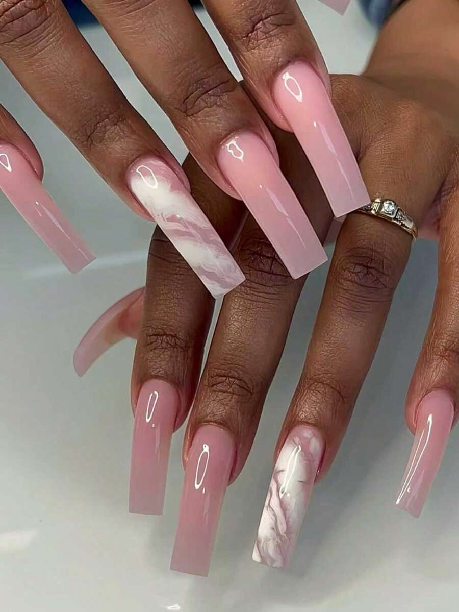 A Box Of 20 Press-On Full Coverage False Nails, Square Long Curved Shape With Pink Color And French Black Edge Design, Making Fingertips Look More Simple And Romantic, Fashionable And Versatile Suitable For All Women's Daily Wear, Comes With Nail File And Gel.