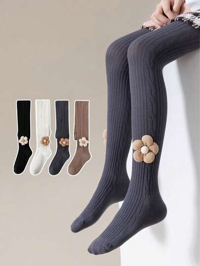 3/2/1 双秋冬女童/儿童/婴儿纯色紧身裤，经典时尚打底裤，可爱花卉针织装饰，适合返校、居家、度假、旅行、日常穿着，颜色和款式随机