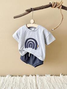 新生兒男女彩虹拼布T恤和短褲夏季休閒2件套裝