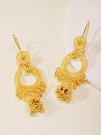 2pcs Fashionable Versatile Bohemian Hollow Design Teardrop Dangle Earrings, Stylish Palace Style, Gold-Tone, 24K Gold Color, Ramadan Gift, Eid Gift, Gift For Girlfriend, Wife, Friends, Women, Daily & Festival Wear