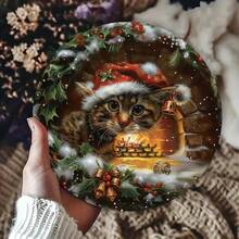 Vintage Christmas Cat Metal Sign - Wall Art Decor For Indoor & Outdoor Use, Ideal For Home, Restaurant, Cafe, Garage, Humorous Wall Art, 7.87 X 7.87 Inches - Foil Engraving Festive Feline Design Home Decor Christmas Decorations Room Decor