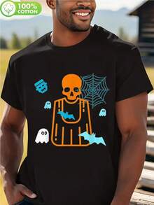 Men's & Teens' Halloween T-Shirt - Spooky Skeleton Skull, Bats, Ghosts & Spiderweb Design - Dark Green With Orange Print - Soft Stretchy 100% Cotton Tee For Horror Theme Parties, Casual Wear & Everyday Outfits - Adult Sizes S-XXL - Machine Washable Durable Round Neck Shirt, Seasonal Fashion, Festive Apparel, Bat Print Top, Comfortable Material, Themed Clothing,Nightmare Before Christmas,Christmas,Halloween Costumes,Funny T Shirts,Summer Outfits,Thanksgiving Day,Men Graphic Tees,Streetwear Men - màu đen - Xem 1