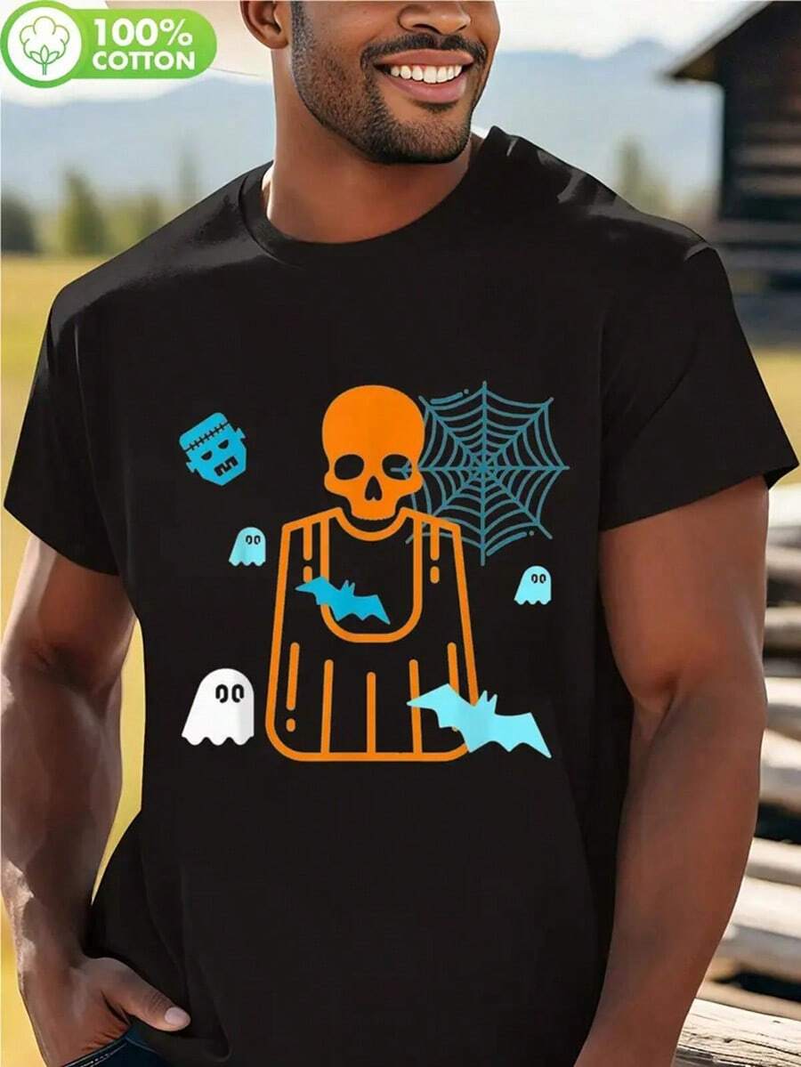 Men's & Teens' Halloween T-Shirt - Spooky Skeleton Skull, Bats, Ghosts & Spiderweb Design - Dark Green With Orange Print - Soft Stretchy 100% Cotton Tee For Horror Theme Parties, Casual Wear & Everyday Outfits - Adult Sizes S-XXL - Machine Washable Durable Round Neck Shirt, Seasonal Fashion, Festive Apparel, Bat Print Top, Comfortable Material, Themed Clothing,Nightmare Before Christmas,Christmas,Halloween Costumes,Funny T Shirts,Summer Outfits,Thanksgiving Day,Men Graphic Tees,Streetwear Men - màu đen - Xem 1