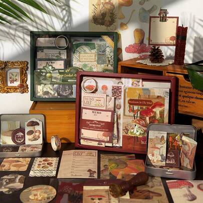 Zestaw akcesoriów do scrapbookingu, zestaw do scrapbookingu w stylu vintage z motywem grzybów do dziennika Bullet Junk Journal, zestaw do scrapbookingu w stylu A6 z kratką do dziennika Junk Journal, prezent urodzinowy