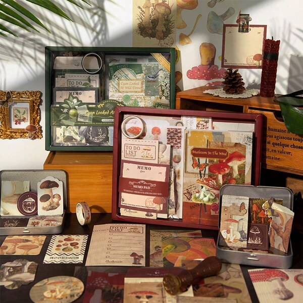 Scrapbooking Supplies Kit, Vintage Mushroom Aesthetic Scrapbook Kit For Bullet Junk Journal, ,A6 Grid Notebook Aesthetic Scrapbook Kit For Junk Journal, Birthday Craft Gift