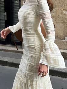 Elegantes vintage Palast-Stil Spitze Glockenärmel Rundhals Rüschen Saum Kleid, Neuankömmling für den Herbst, Damen Herbstkleid - Weiss - Übersicht 6