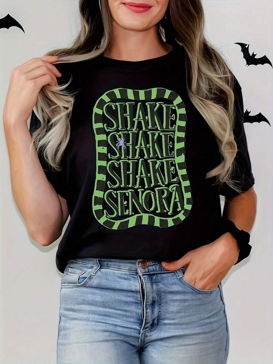Camiseta de Halloween para Mujer "Shake Shake Shake" - Camiseta Beige con Letras Verdes en Negrita, Atuendo para Fiestas y Otoño Casual - Ropa Suave, Transpirable y Lavable a Máquina, Diseño Divertido, Ajuste Cómodo, Moda Festiva, Ideal para Compras - Oscuro - Ver 1