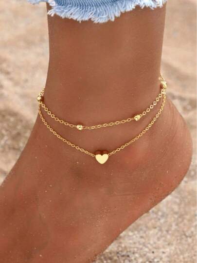 1pc Double-Layered Chain Anklet With Mini Heart Beads, Simple Retro Style