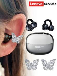 Lenovo 联想 LE302 时尚蓝牙耳机，带蝴蝶耳机配件，环绕声夹式耳机，高品质音频，低延迟，ENC 降噪，佩戴舒适，适合作为时尚耳环配饰和女性礼物 - 多色+銀色雙蝶耳飾 - 查看 17
