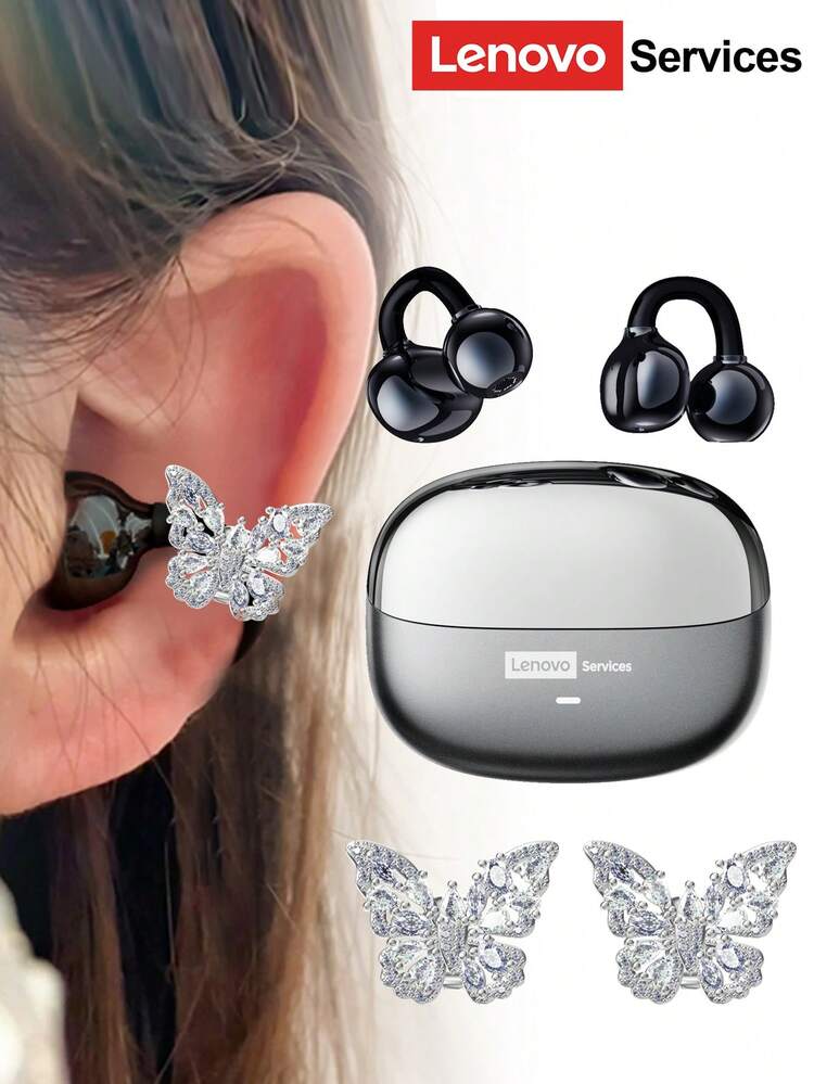 Lenovo سماعات بلوتوث موضة من ليونوفو LE302 مع إكسسوارات سماعات الأذن على شكل فراشة، سماعات أذن قابلة للتثبيت بالكليب مع صوت محيطي، جودة صوت عالية، انخفاض في التأخير، إلغاء ضوضاء ENC، ارتداء مريح، مناسبة كإكسسوار أقراط موضة وهدية للنساء - أقراط الفراشة المزدوجة متعددة الألوان والفضية - مشاهدة 16