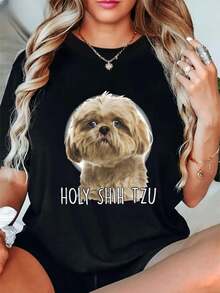 Camiseta con Estampado de Perro Shih Tzu ,Camiseta informal de algodón de verano para mujer, manga corta, cuello redondo, 220 g/m2 (1 pieza) - Negro - Ver 1