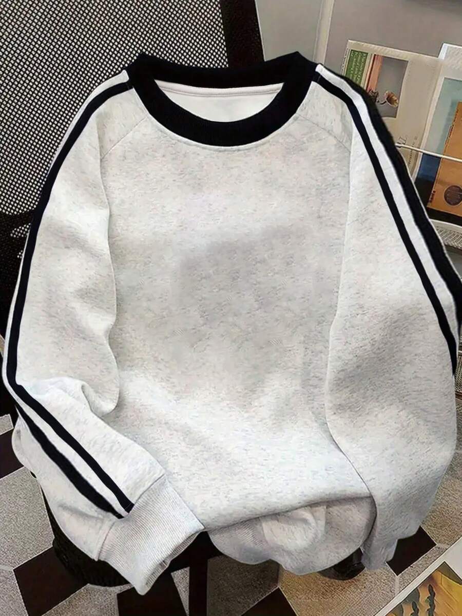 女款簡約黑白條紋寬鬆舒適休閒度假日常時尚學生青少年百搭長袖運動衫 - 灰色 - 查看 1