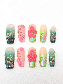 10 Pieces Of Pure Handmade Wearable Nail Press Nails 33mm Square Nail Pieces Green Fading Technology Light Green French Sunglasses Pink Pure Handmade Three-Dimensional Carving Technology Suitable For Women To Wear Three Sizes To Choose From Suitable For A Variety Of Occasions, Parties, Dances And Daily Wear